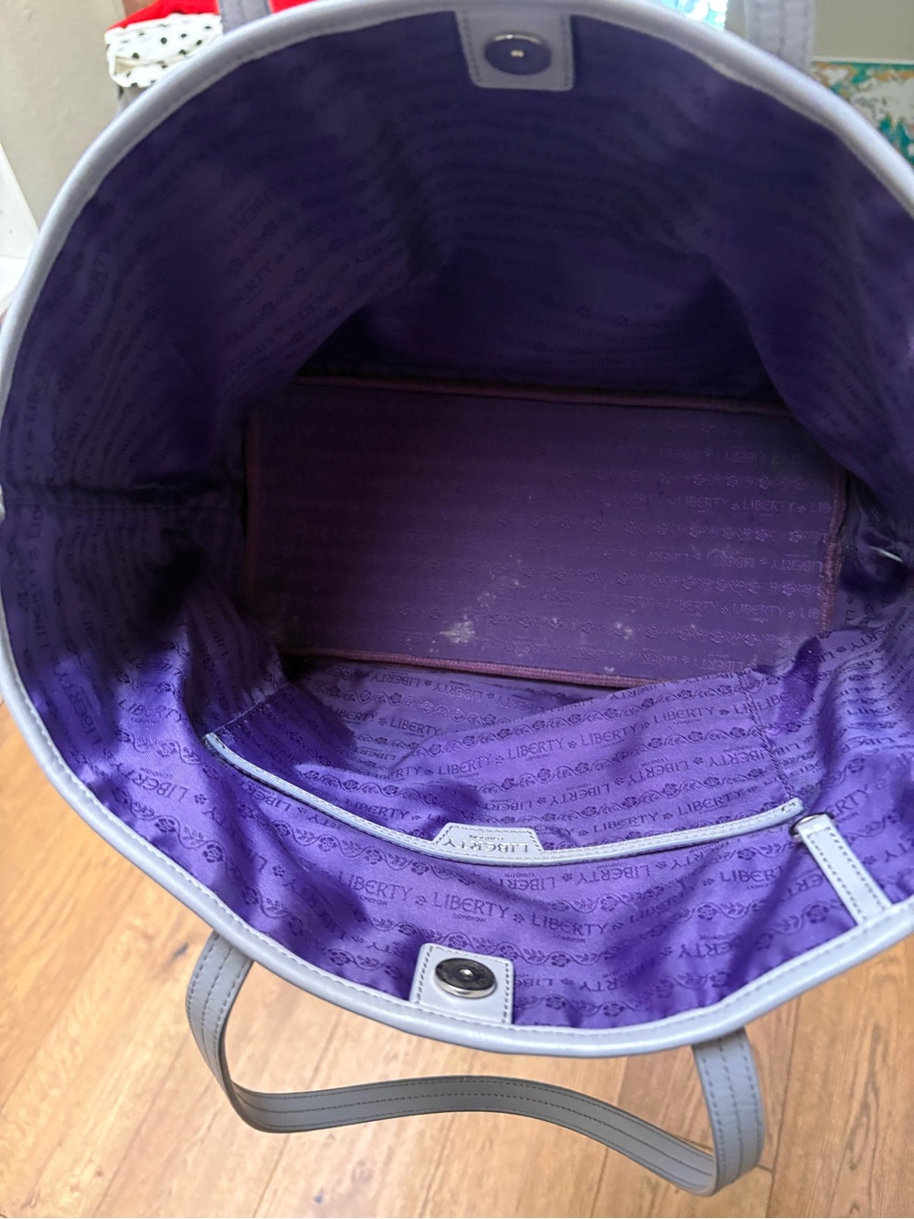 Liberty of London Iphis Gray Pattern Tote with Navy Pattern and Purple Interior - Picture 8 of 12